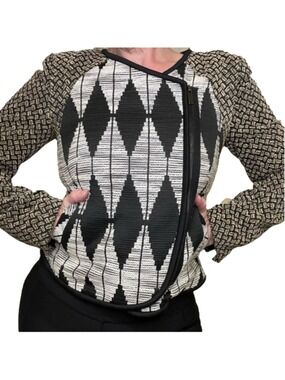 RACHEL ROY Fitted Assymetrical Zip Jacquard Jacket Black Cream Tan, 6